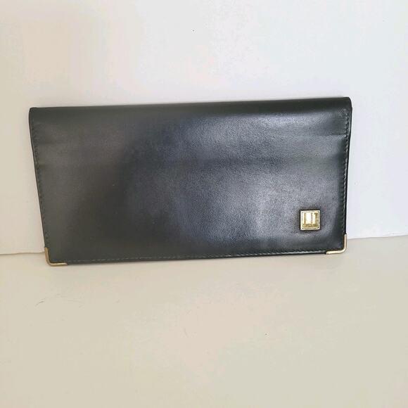Dunhill Designer Checkbook Card Slim Bill Holder Wallet Black Bifold Leather - Picture 1 of 12